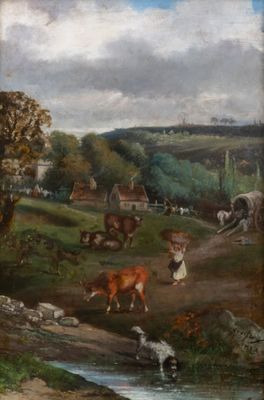 painting of a farm scene with cows and horses by a stream
