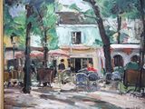 a painting of a horse drawn carriage in front of a building