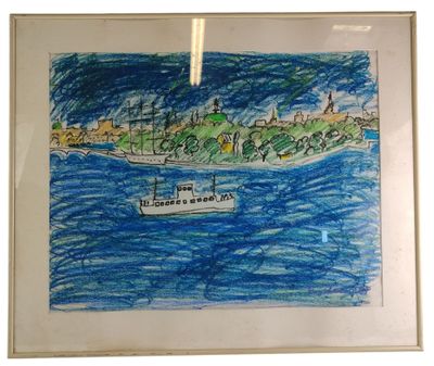drawing of a boat in a body of water with a city in the background
