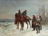 un tableau représentant un groupe d'hommes à cheval dans la neige