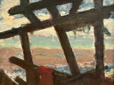 painting of a view of a beach through a wooden structure