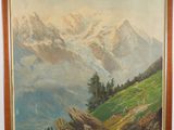 painting of a mountain scene with a mountain range in the background