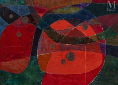 abstract painting of an apple and a knife on a blue background