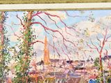 a painting of a view of a city from a window