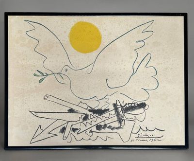 painting of a dove with a branch in its beak in front of a yellow sun