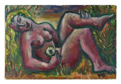 une peinture à l'huile représentant une femme nue allongée dans l'herbe