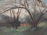 un tableau représentant une vache dans un champ, près d'un arbre
