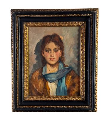 tableau représentant une femme portant un foulard bleu, dans un cadre doré