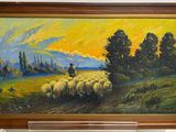 an oil painting of a man with a flock of sheep in a field