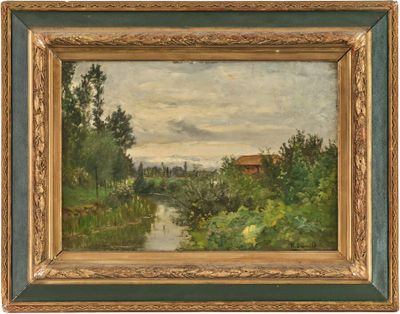 un tableau représentant une rivière avec une maison au loin