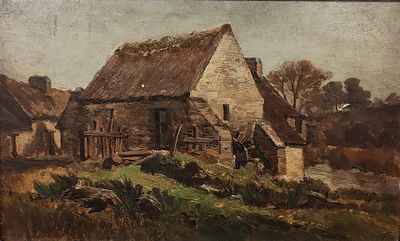 un vieux tableau représentant une scène de vie à la ferme, avec un homme debout devant une grange
