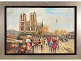 tableau représentant des personnes marchant dans une rue, un parapluie à la main, devant une cathédrale
