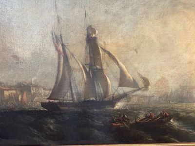 a painting of a boat in the water with a lighthouse in the background