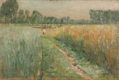 une peinture à l'huile représentant un champ avec une personne marchant sur un sentier