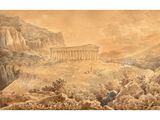 peinture représentant une vue du temple de Posena depuis la Vallée des Dieux