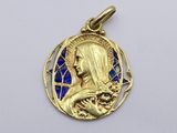 a close up of a gold medal with a woman holding a cat