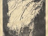 a black and white drawing of a group of people in a cave