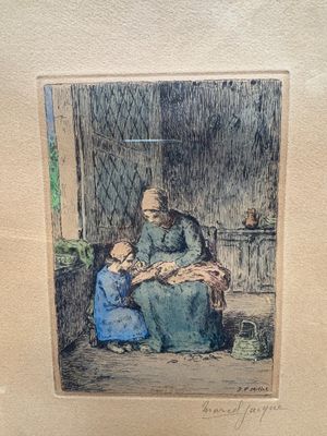 une image représentant un tableau où l'on voit une femme et un enfant assis sous un porche