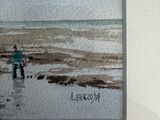 a picture of a painting of a man and a dog on the beach