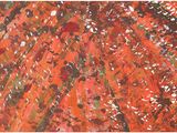 an abstract painting of red and green leaves on a white background