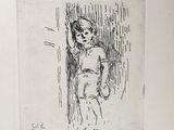 an ink drawing of a young boy leaning against a wall
