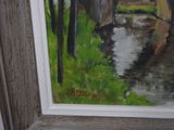a painting of a bridge over a stream in the woods