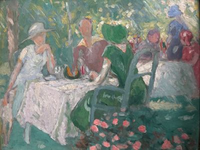 a painting of a group of people sitting at a table