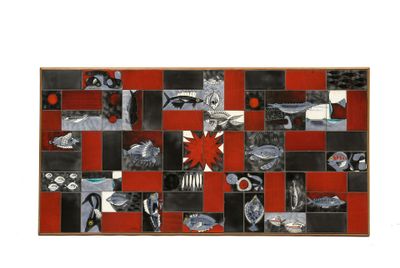 a picture of a red and black tile with birds on it