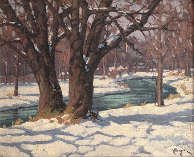 an oil painting of a snowy landscape with trees and a stream