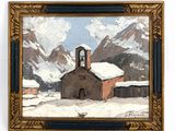 an image of a painting of a church in the snow