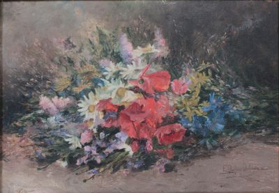 une peinture à l'huile représentant un bouquet de fleurs posé sur une table