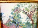 a picture of a painting of a house and a tree
