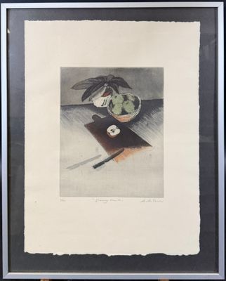 une image représentant un tableau sur lequel figurent une corbeille de fruits et un couteau posés sur une table