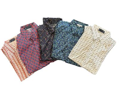 four men ' s shirts in different colors and patterns on a white background