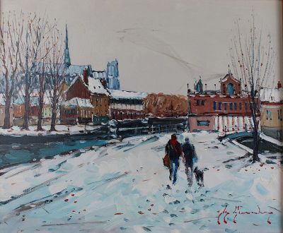 une peinture à l'huile représentant deux personnes marchant dans la neige devant une église