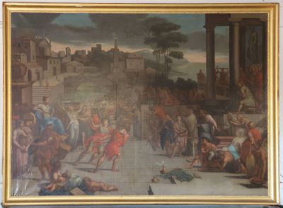 a painting on the wall of a building with a lot of people around it