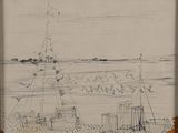 dessin représentant une vue d'un port avec des bateaux sur l'eau et un phare au loin
