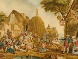tableau représentant un groupe de personnes rassemblées au bord d'une rivière, devant un village