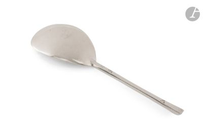 cuillère en argent à long manche posée sur une surface blanche