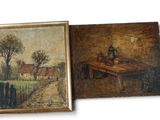 two paintings of a farm scene and a painting of a man on a table