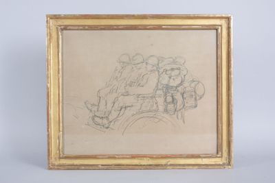an old drawing of a man and a woman sitting on a bench