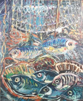 painting of a group of fish swimming in a pond of water