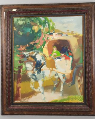une peinture à l'huile représentant un cheval tirant une calèche avec des passagers à bord