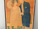vintage poster of a man and a woman standing next to each other in front of a white wall