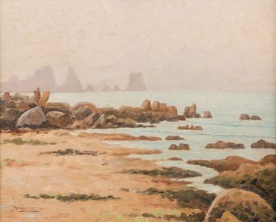 une image représentant un tableau représentant une scène de plage avec des rochers et de l'eau
