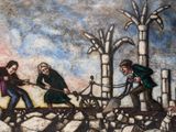 a painting of a group of people pulling a wagon
