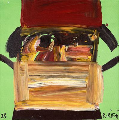 une peinture représentant un camion surmonté d'un toit rouge