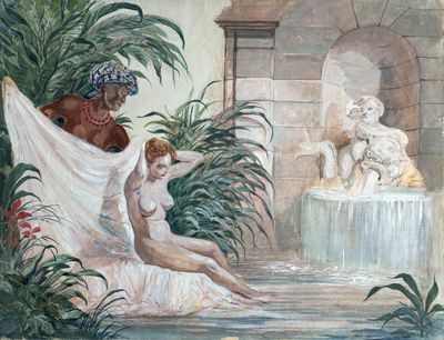 un tableau représentant une femme assise par terre près d'une fontaine