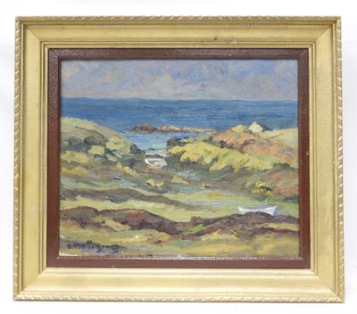an oil painting of a landscape with a body of water in the distance