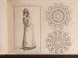 an open book with a drawing of a woman in a long dress